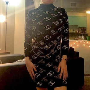 CHANEL Black & White Logo Turtleneck Knit Dress